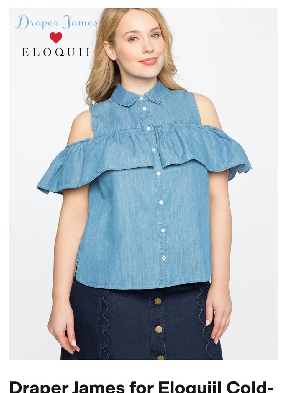 Draper James Light Blue Cold-Shoulder Ruffle Chambray Top